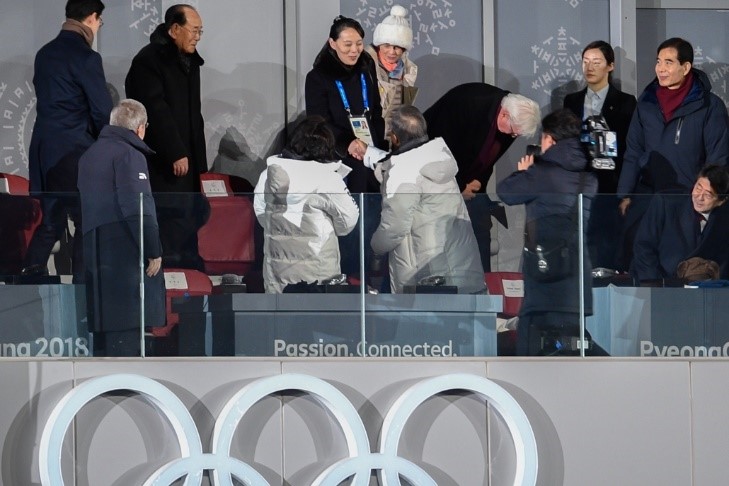 22. kép. Kim Jo Dzsong, Kim Dzsong Un húga és Dél-Korea elnöke, Mun Dzsein kezet fog egymással a pjongcsangi téli olimpia nyitóceremóniáján. Forrás: hvg.hu